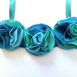 Aqua green and blue recycled T-shirt fabric flower statement necklace